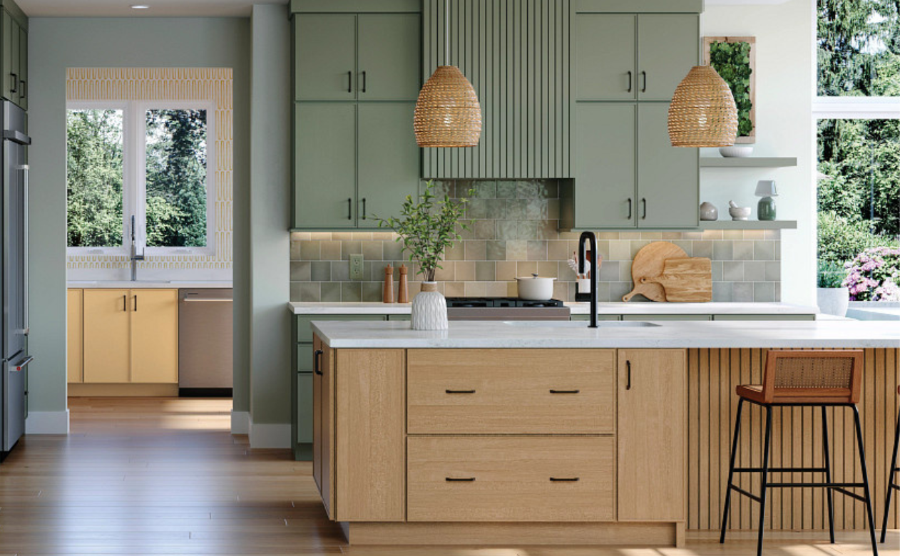 Gray tile backsplash in a kitchen with green and natural cabinets