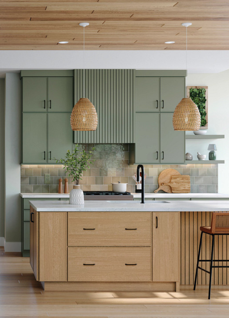Gray tile backsplash in a kitchen with green and natural cabinets