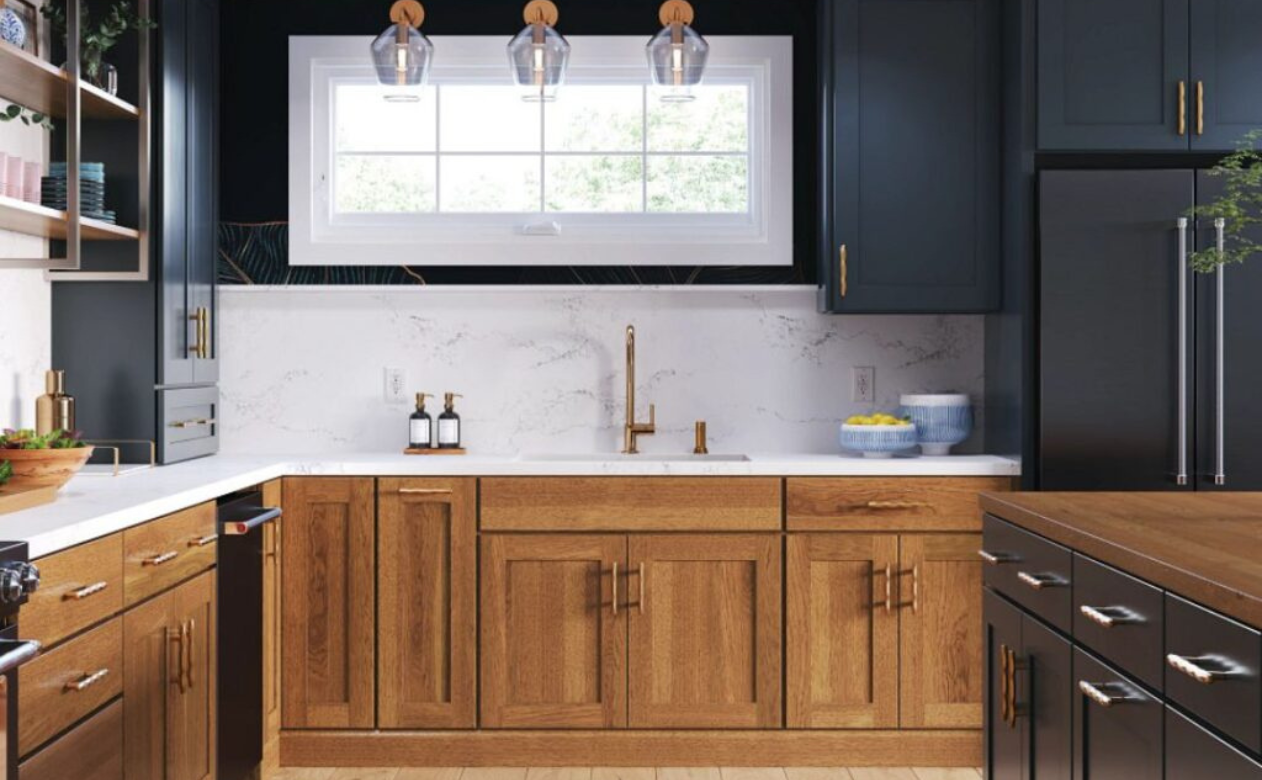 Blue and natural cabinets in a kitchen