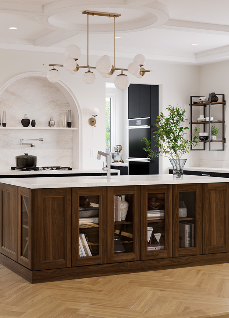 Custom wood cabinetry in a kitchen island with white countertops