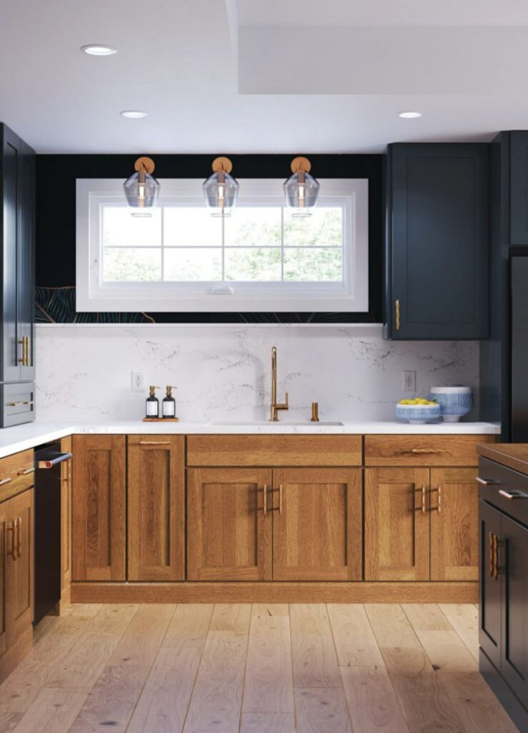 Blue and natural cabinets in a kitchen