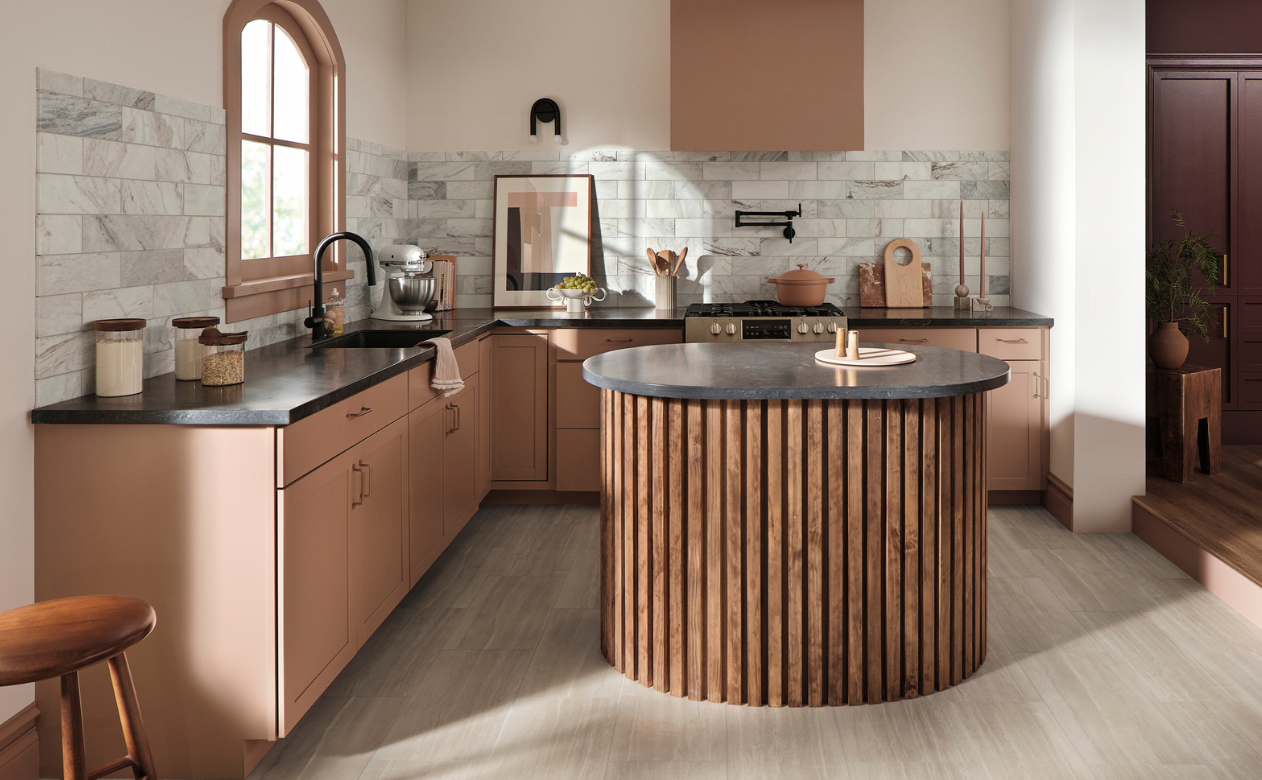 Black countertops in a kitchen display at Kiba Studios in North Olmsted