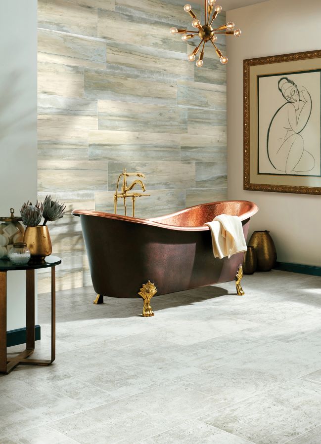 tile flooring in a stylish bathroom with copper tub