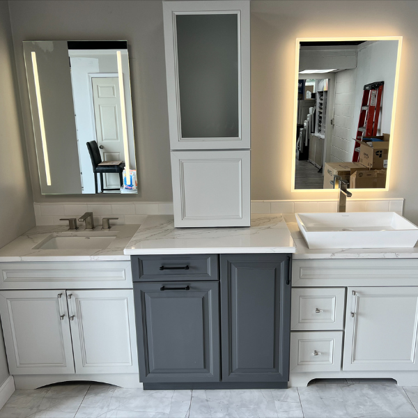 Bathroom with white and gray bath vanity