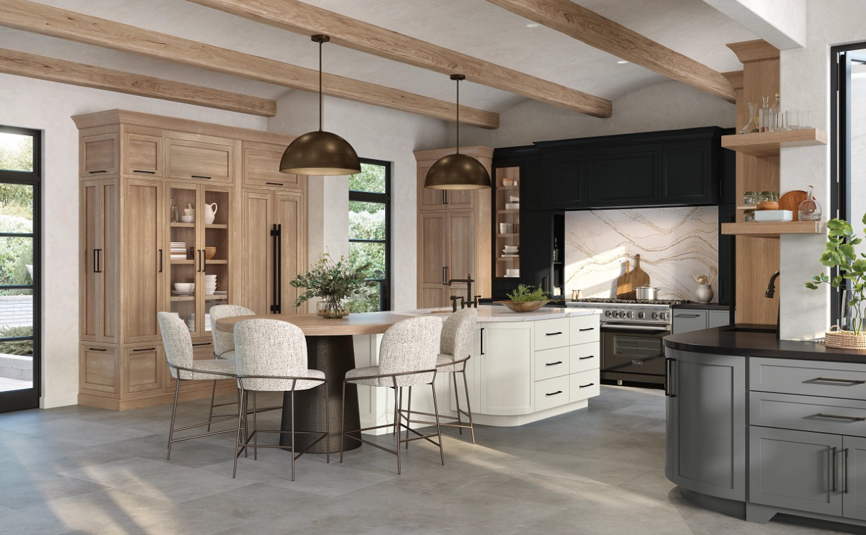 Gray tile flooring in a kitchen with custom cabinetry
