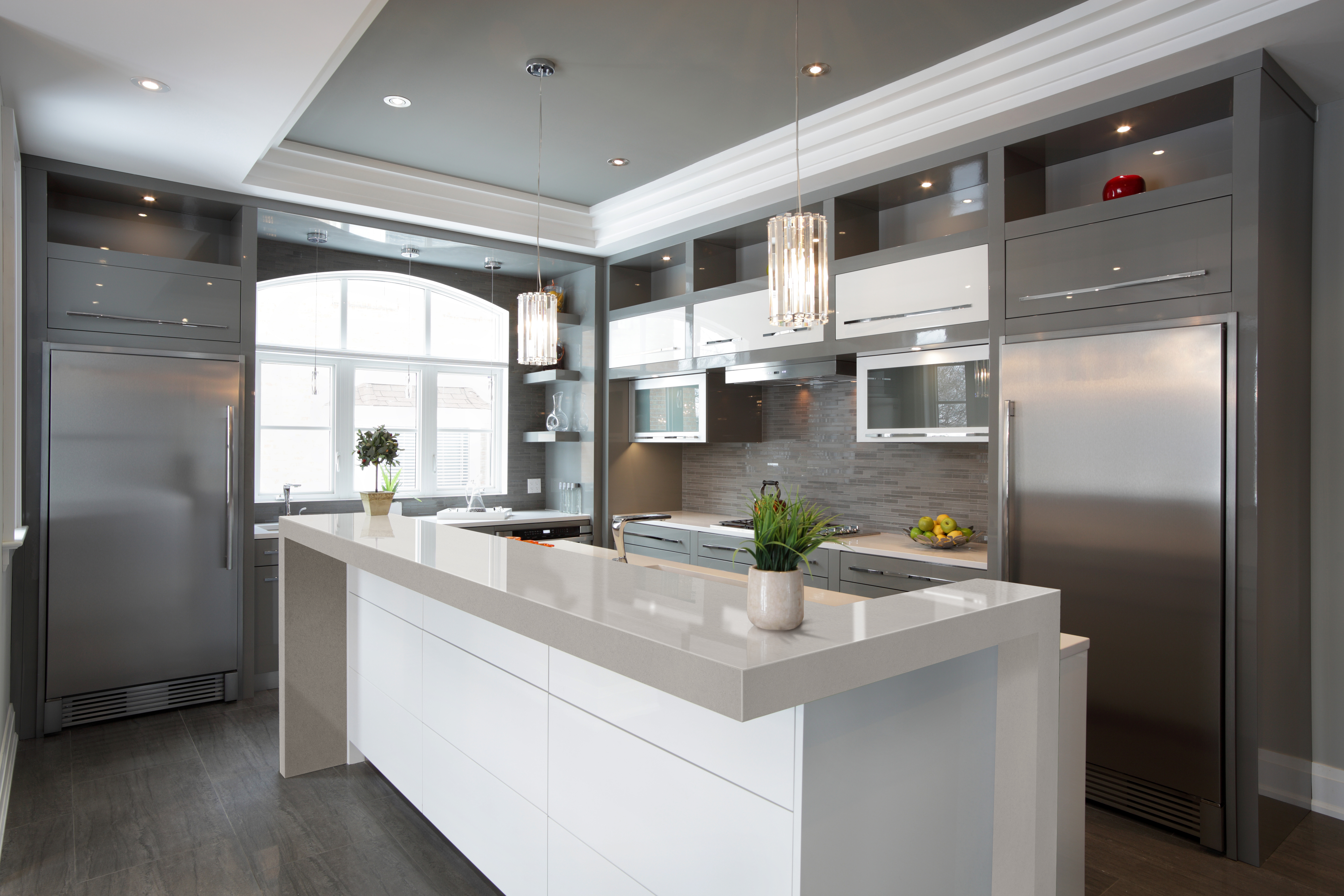 Room Scene Art: Modern kitchen with Hanstone quartz. 