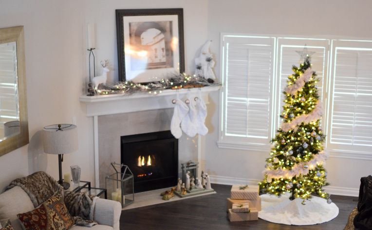 Decorated fireplace mantel.